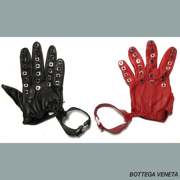 Bottega Veneta Black Red Leather Stud Gloves Size7 - Picture 2 of 8